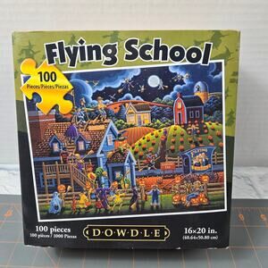 Dowdle Jigsaw Puzzle Flying School Folk Art 100 piece 16x20 Complete Halloween